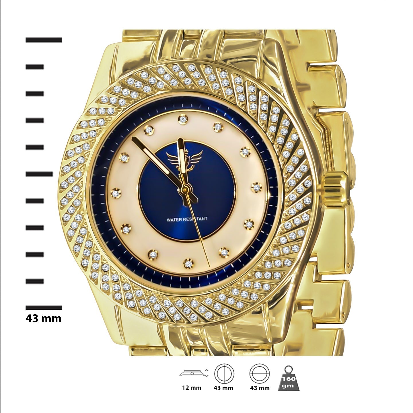 Gold Iced Out Hip Hop Watch Blue Dial Quartz Movement