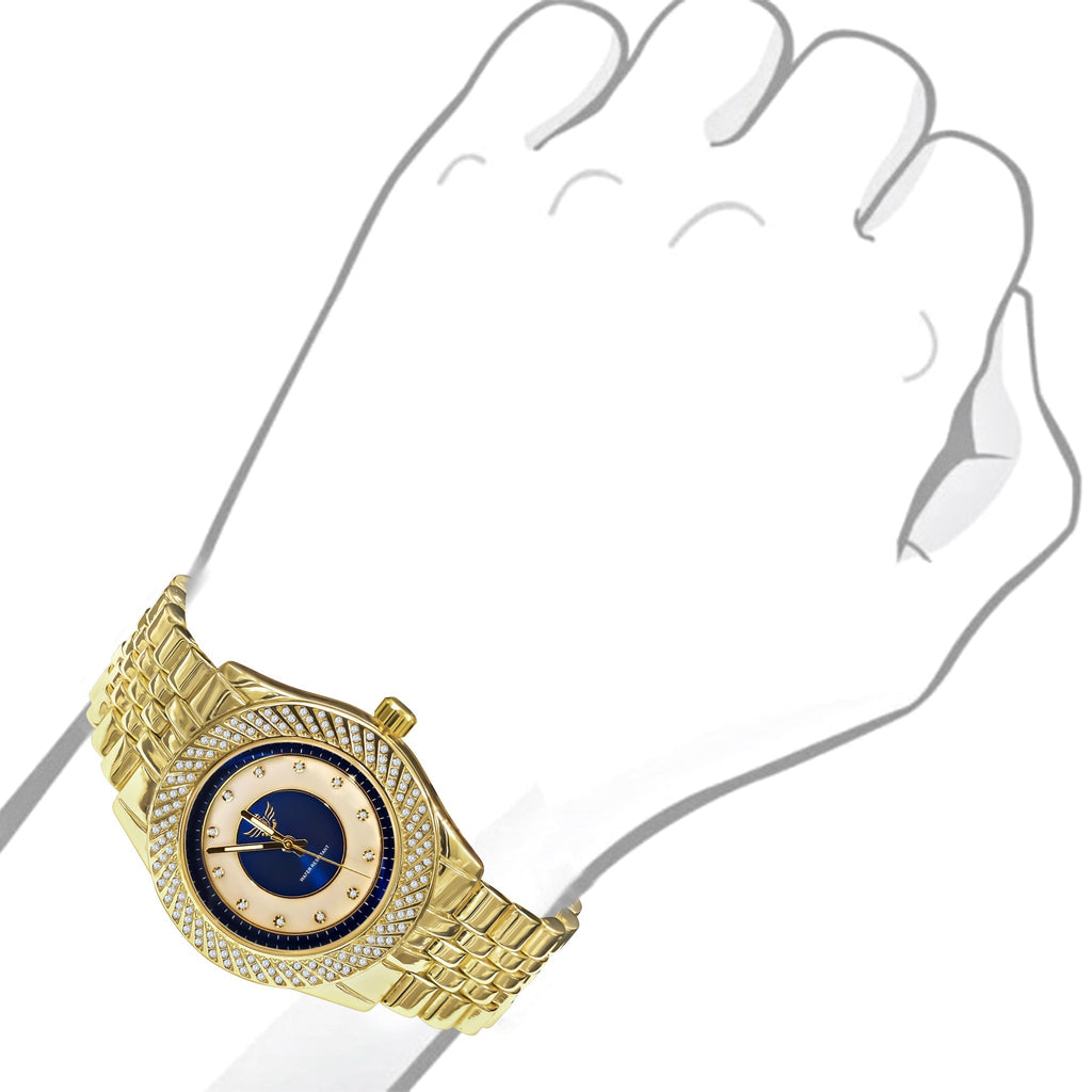 Gold Iced Out Hip Hop Watch Blue Dial Quartz Movement