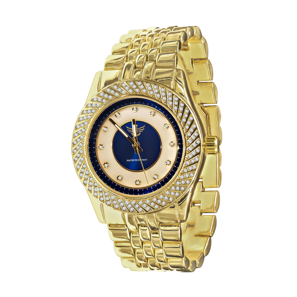 Gold Iced Out Hip Hop Watch Blue Dial Quartz Movement