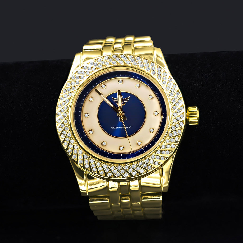 Gold Iced Out Hip Hop Watch Blue Dial Quartz Movement
