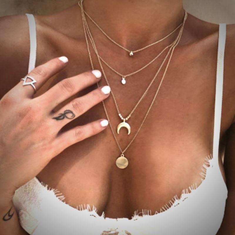 Gold Layered Four Strand Necklace Boho Pendant Set Choker