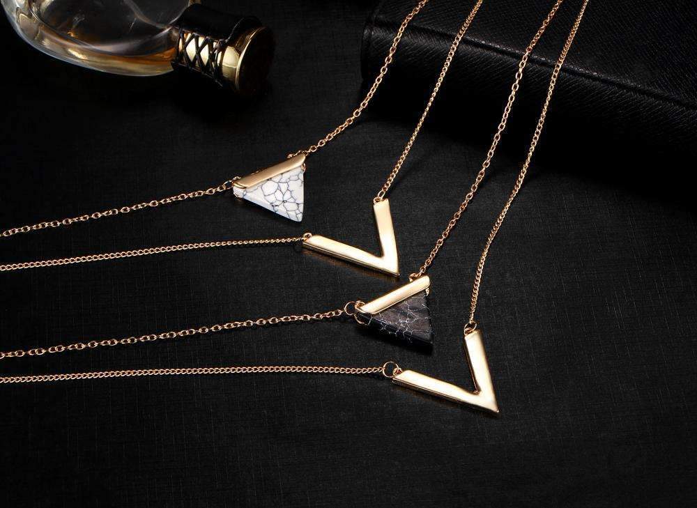Gold Layered Marble Chevron Double Layer Necklace Jewelry