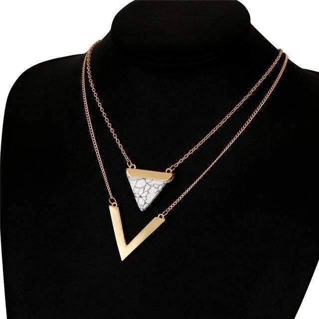 Gold Layered Marble Chevron Double Layer Necklace Jewelry