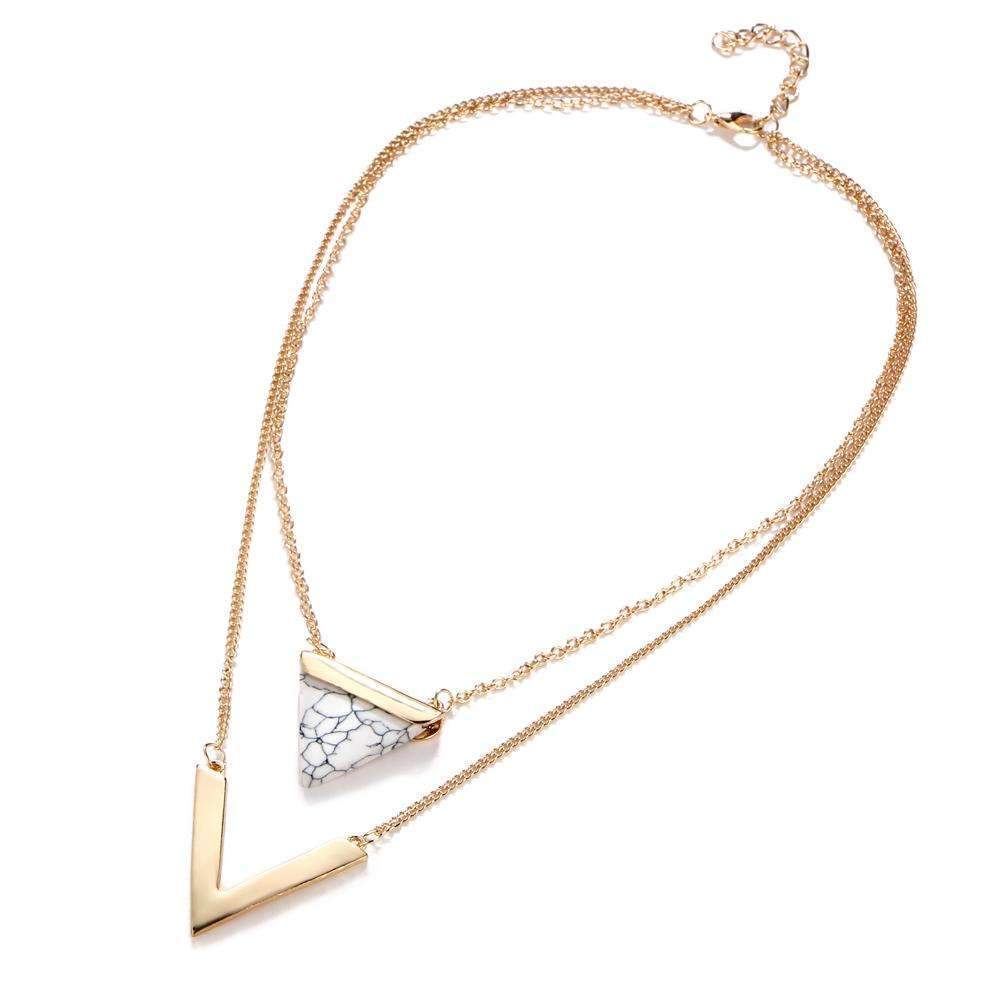 Gold Layered Marble Chevron Double Layer Necklace Jewelry
