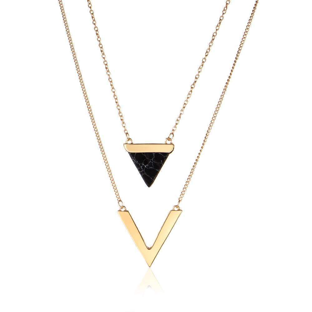 Gold Layered Marble Chevron Double Layer Necklace Jewelry