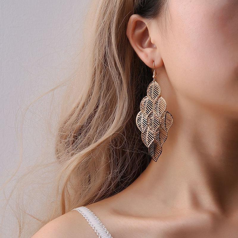 Gold Leaf Dangle Earrings Boho Lightweight Statement Jewelry