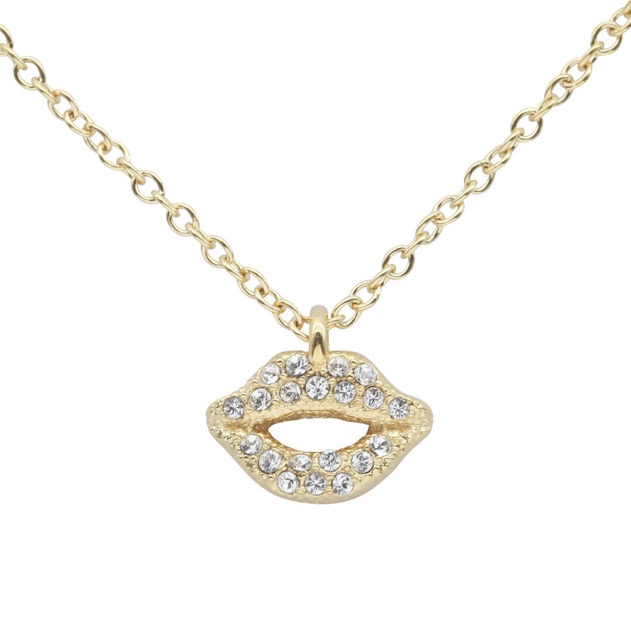 Gold Lips Pendant Necklace With Crystal Accent Chain