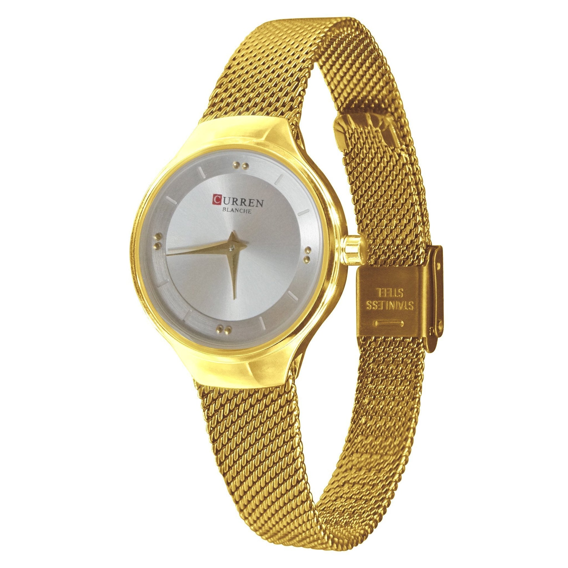 Gold Mesh Bracelet Minimalist Silver Dial Women's Watch