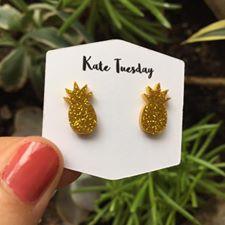 Gold Pineapple Acrylic Earrings Sparkle Studs Tropical