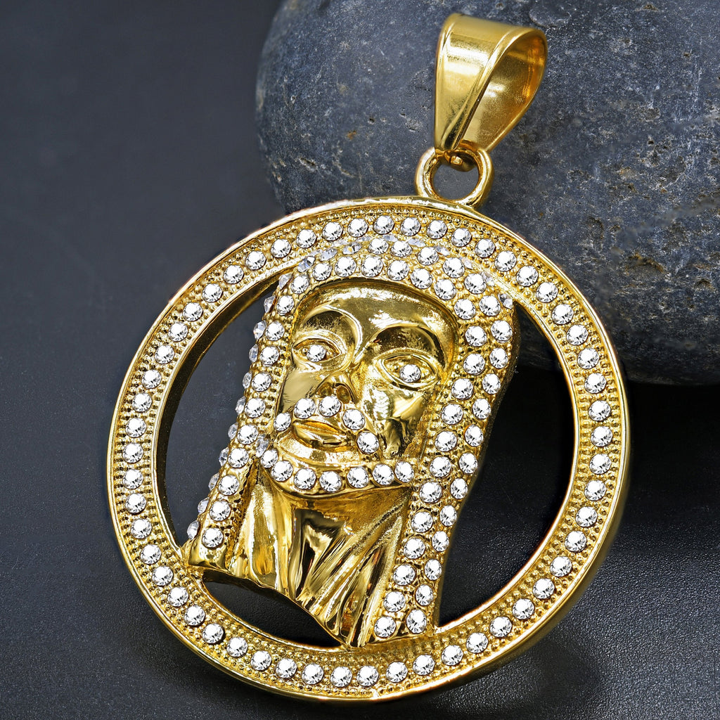 Gold Plated Stainless Steel Egyptian Pharaoh CZ Pendant