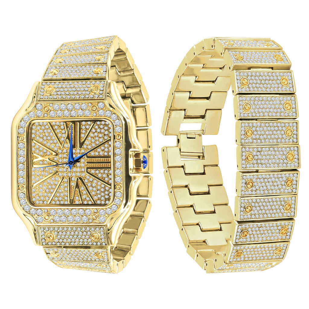 Gold Stainless Steel Crystal Pave Bracelet Watch Set