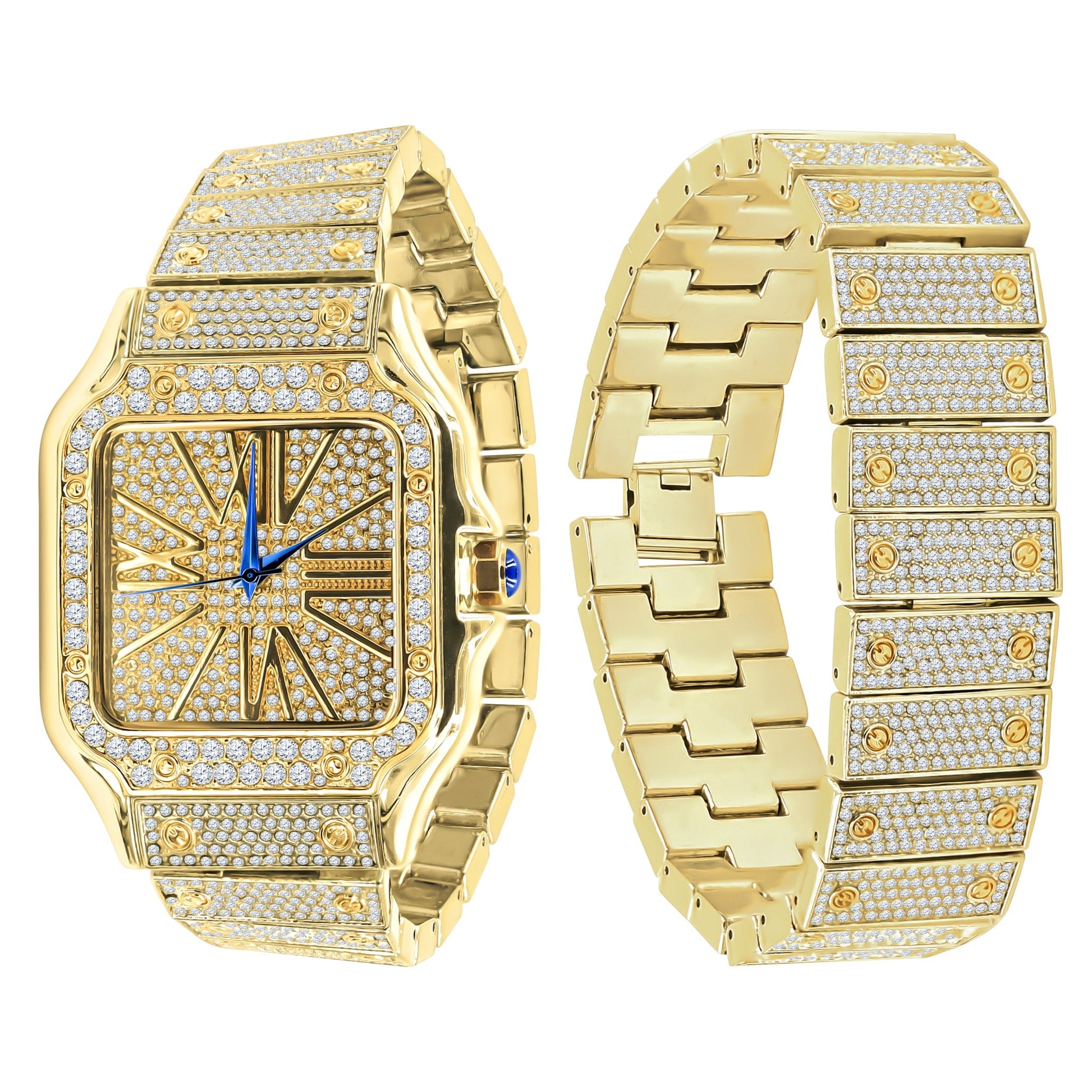 Gold Stainless Steel Crystal Pave Bracelet Watch Set