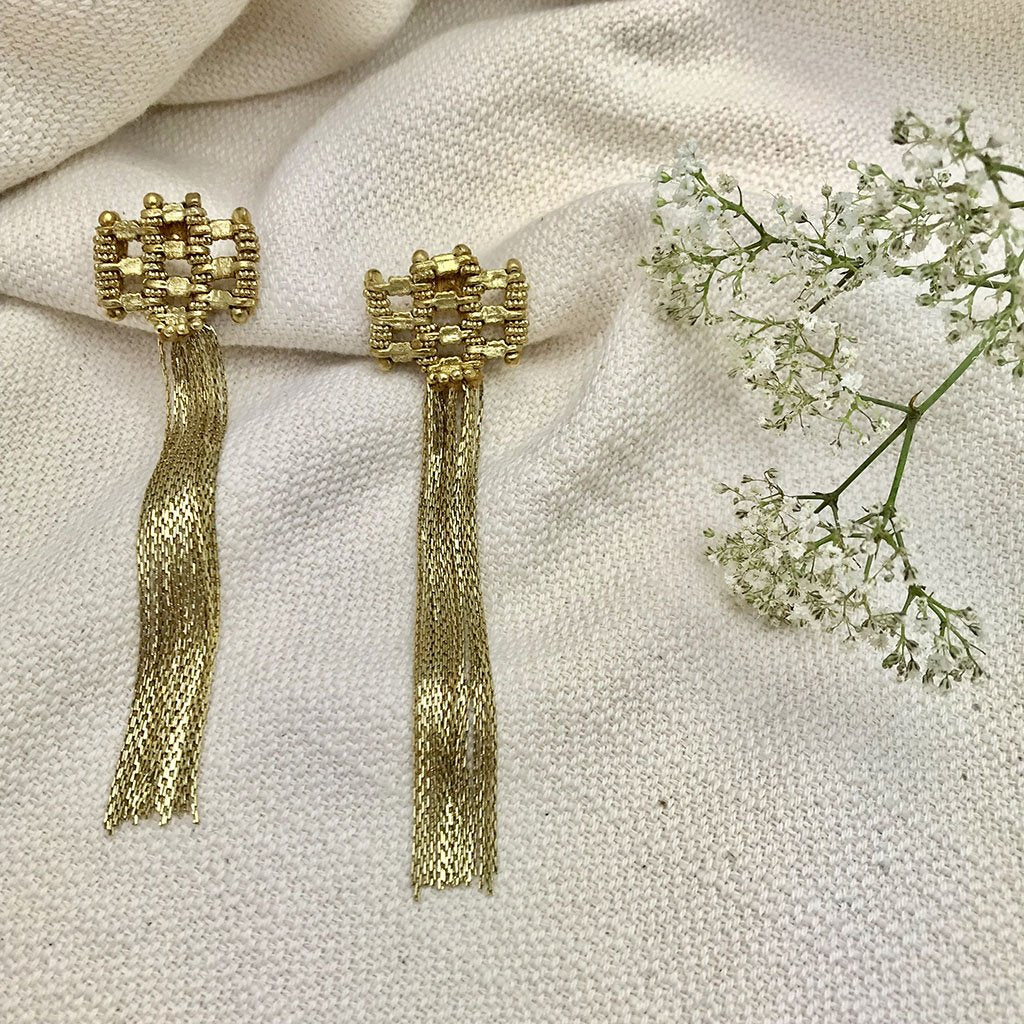 Beaded Fringe Statement Earrings Boho Indian Cotton Thread Metal 4.5in Drop