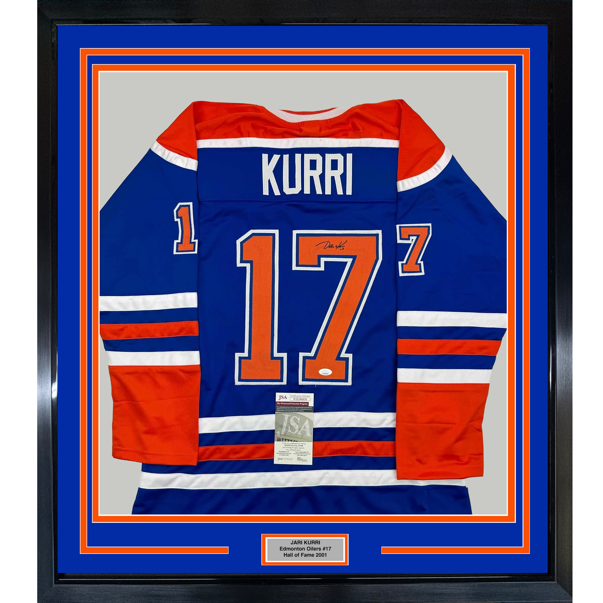 Framed Autographed/Signed Jari Kurri 35x39 Edmonton Blue Hockey Jersey JSA COA