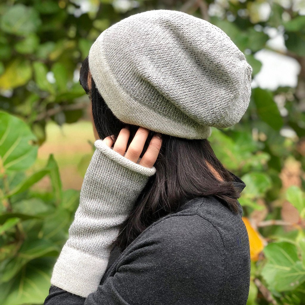 Gray Interwoven Alpaca Fingerless Gloves Long Wrist Warmers With Thumb Slit