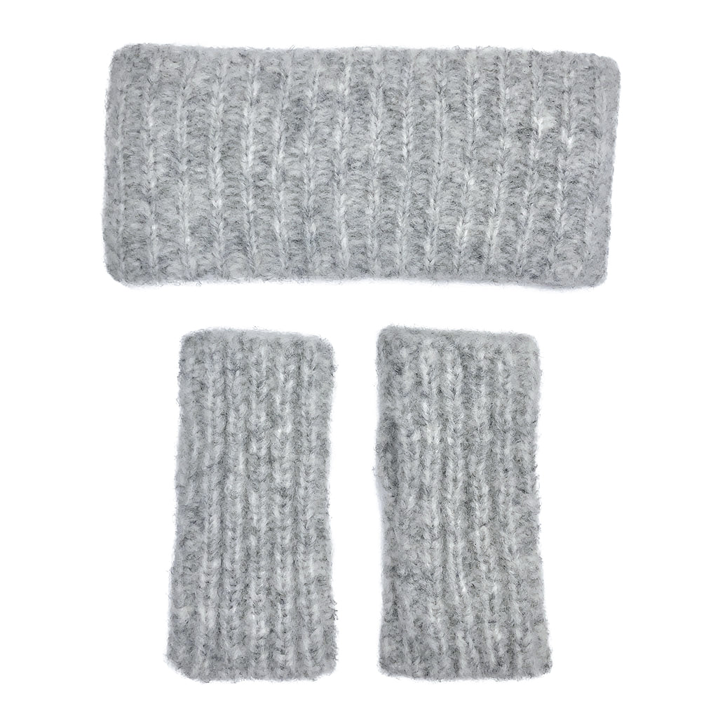 Gray Ribbed Alpaca Fingerless Gloves Warm Wrist-Length With Thumb Slit