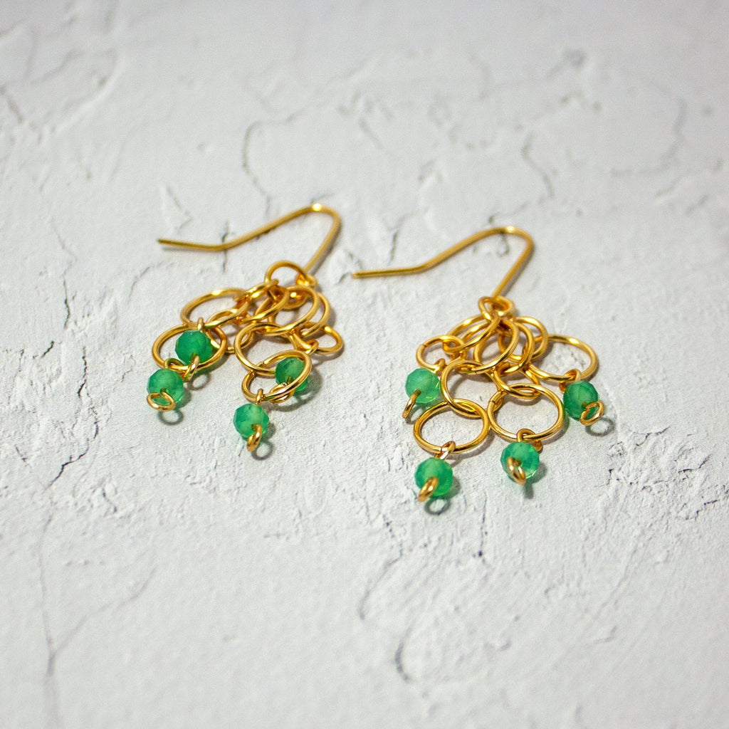 Green Agate Gold Dangle Earrings Boho Drop Lightweight