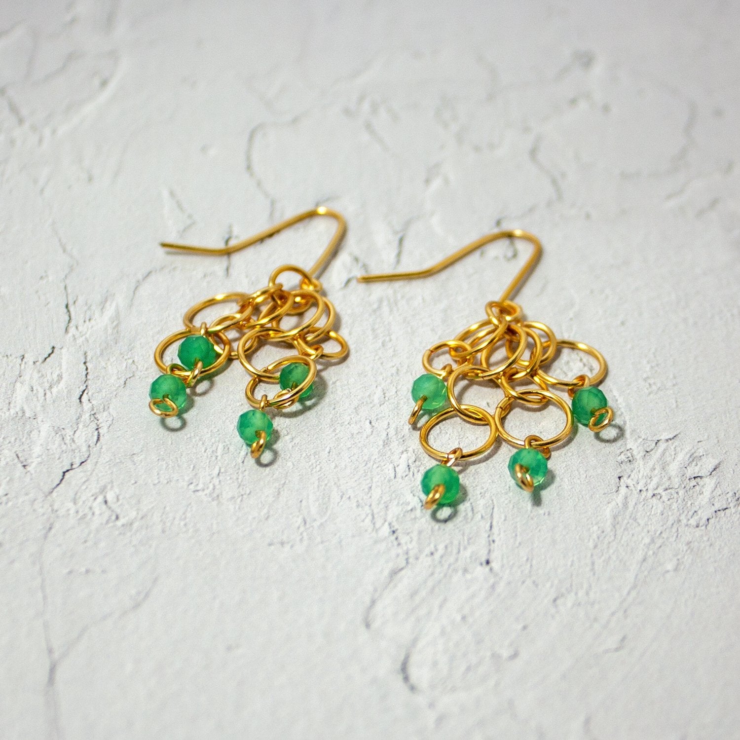 Green Agate Gold Dangle Earrings Boho Drop Lightweight
