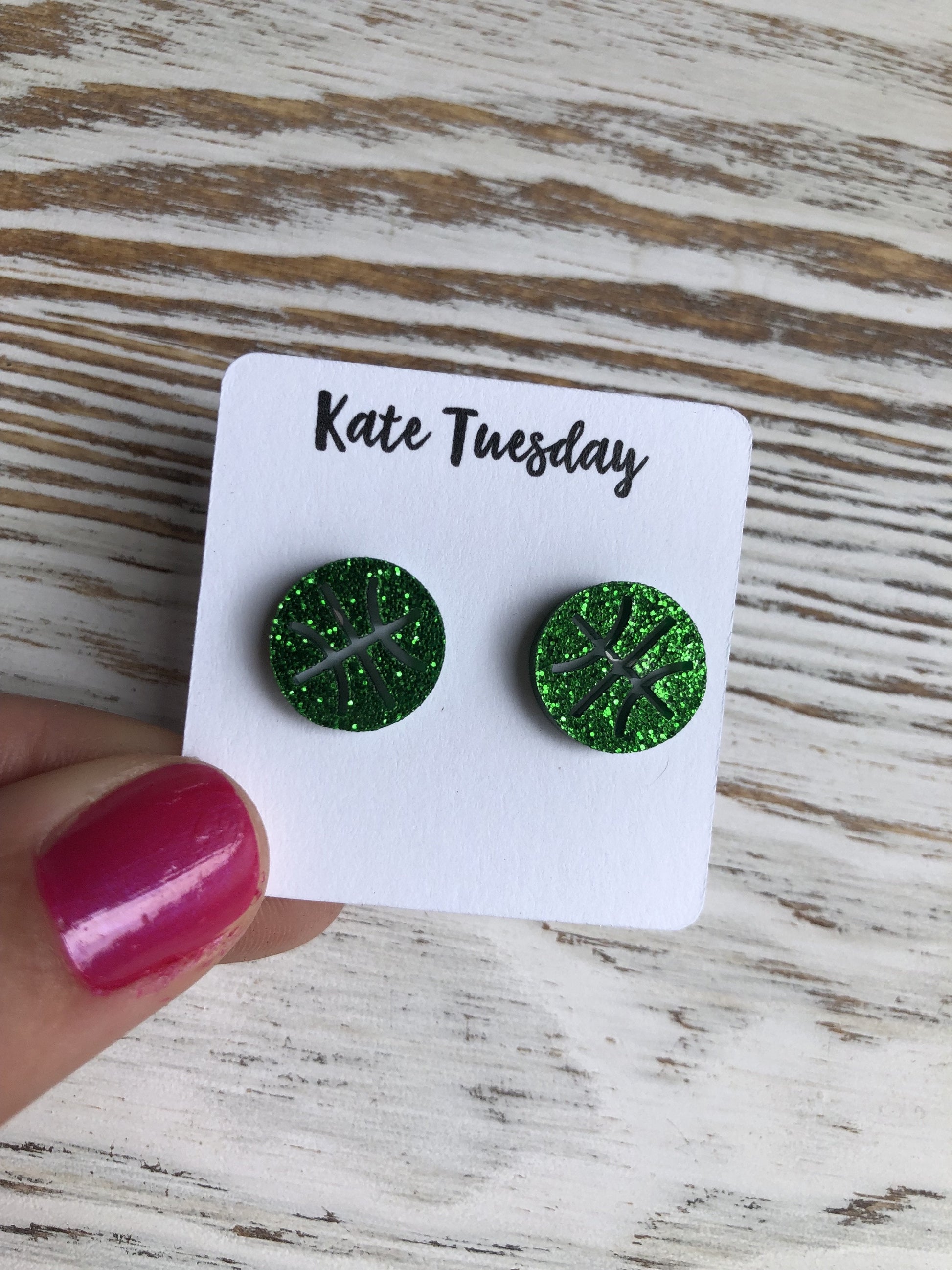Green Basketball Glitter Acrylic Stud Earrings For Women