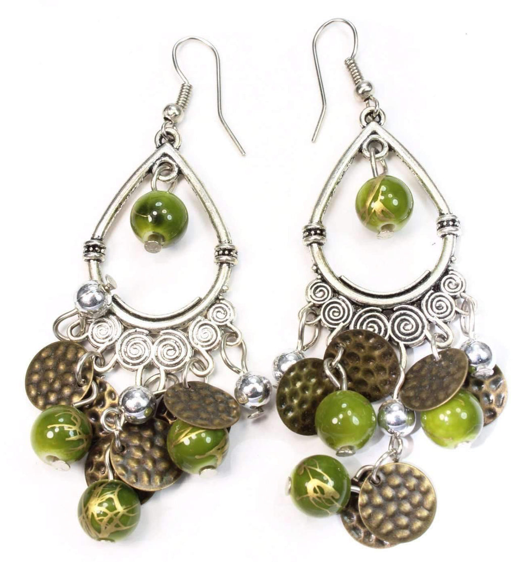 Green Beaded Chandelier Earrings Boho Dangle Statement