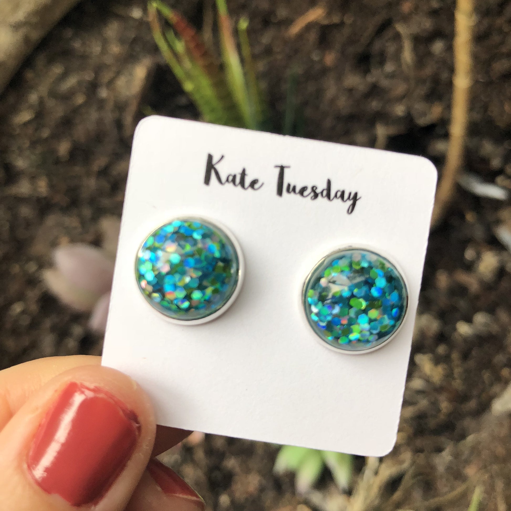 Green Blue Glitter Stud Earrings Hypoallergenic Resin