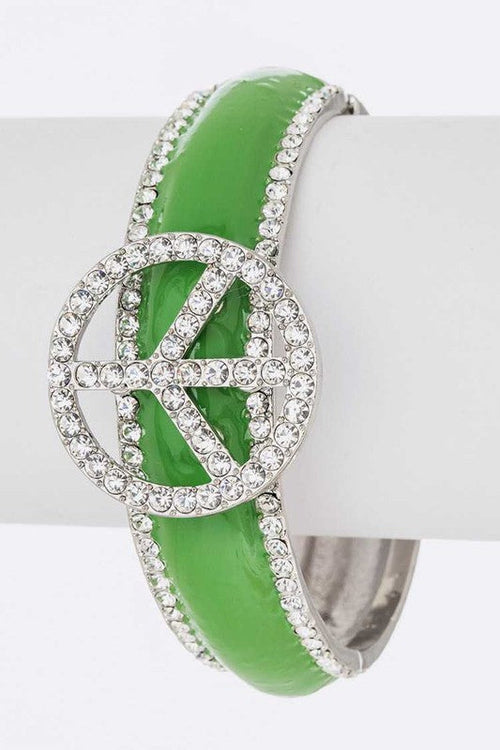 Green Enamel Crystal Bangle With Peace Sign Accent