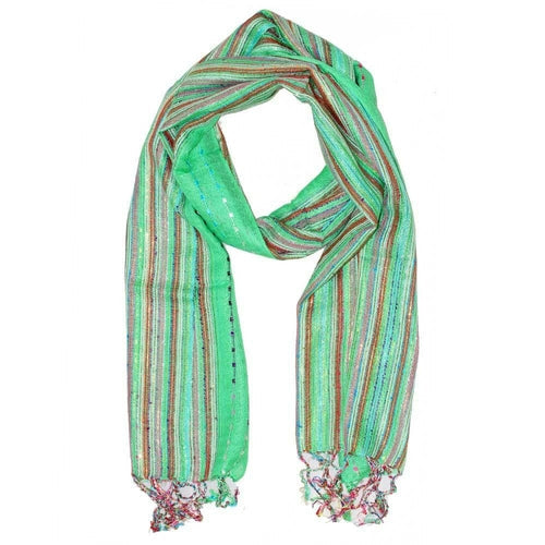 Green Lurex Cotton Striped Scarf Lightweight Fashion