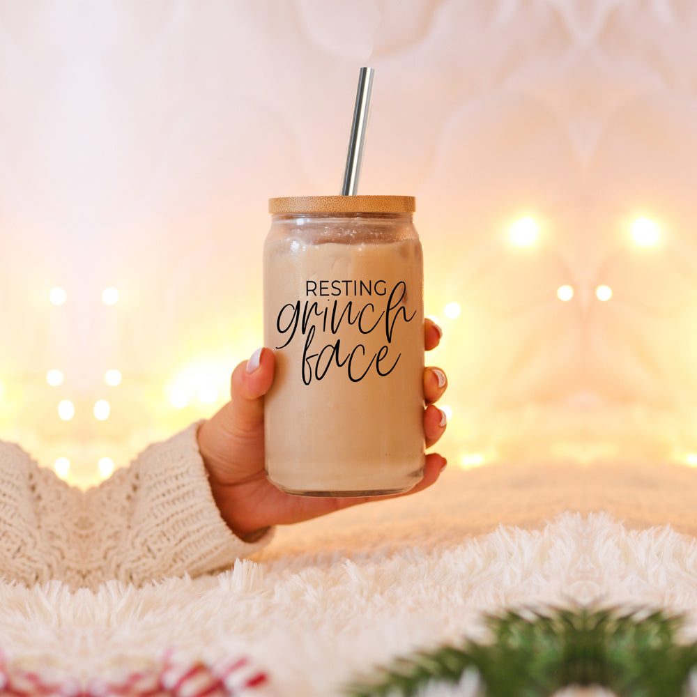 Grinch Face 17oz Glass Tumbler With Bamboo Lid and 2 Stainless Straws Holiday