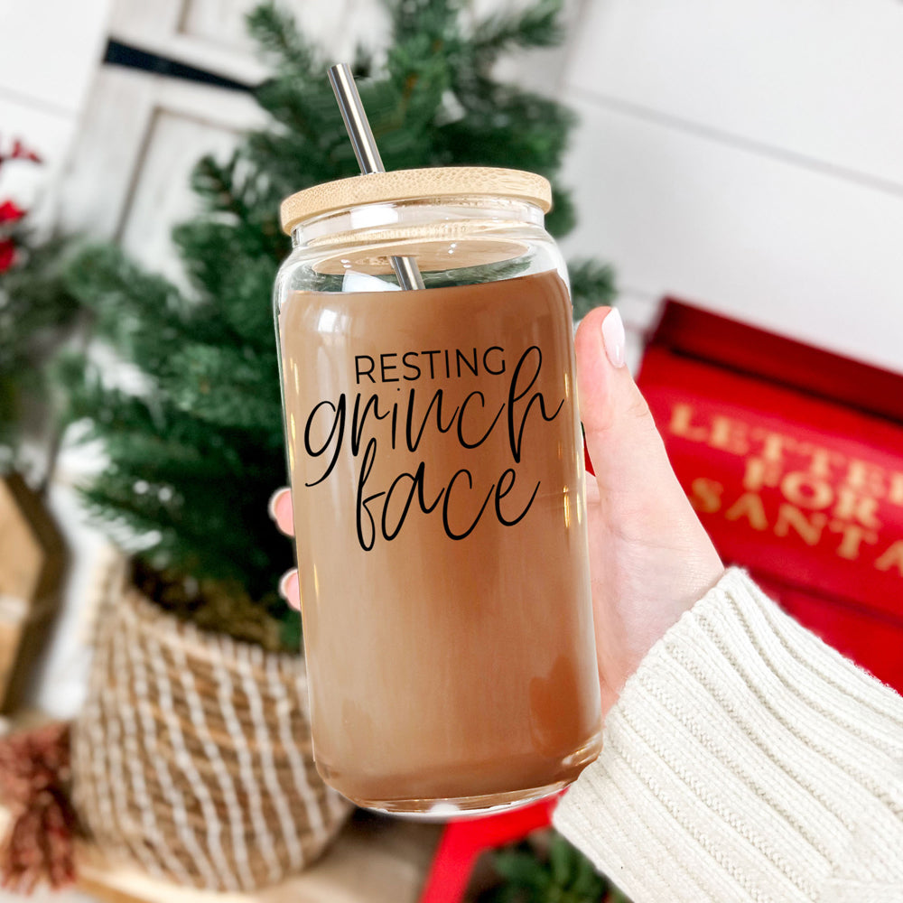 Grinch Face 17oz Glass Tumbler With Bamboo Lid and 2 Stainless Straws Holiday