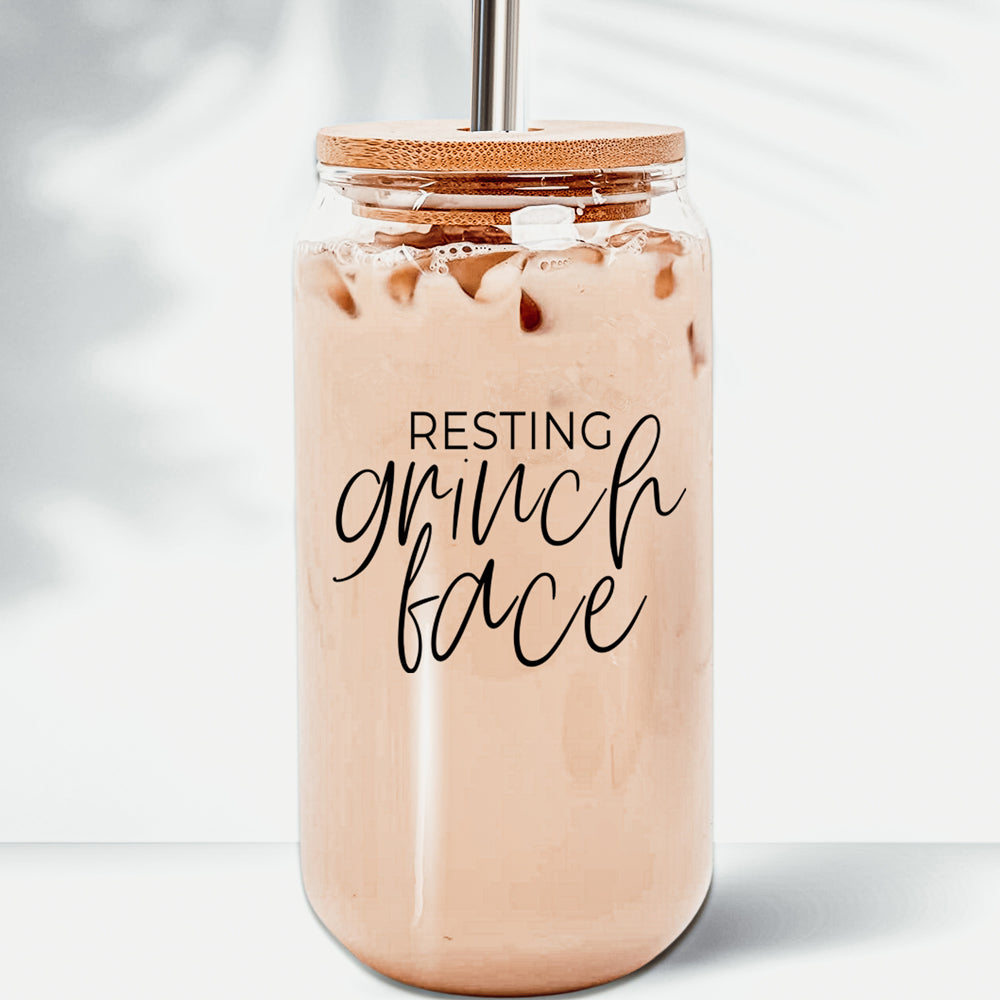 Grinch Face 17oz Glass Tumbler With Bamboo Lid and 2 Stainless Straws Holiday