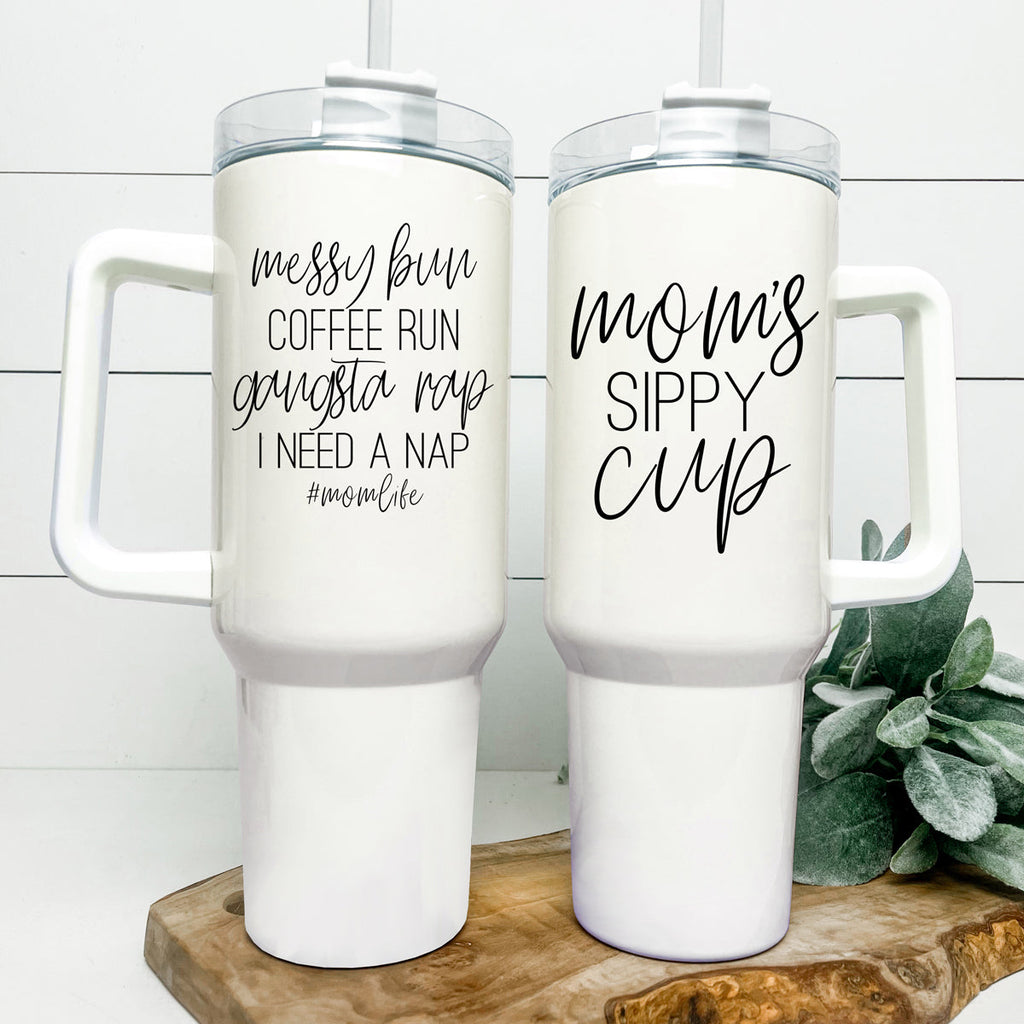 Messy Bun Mom 40oz Insulated Travel Tumbler With Handle Lid Straw - Mom Life