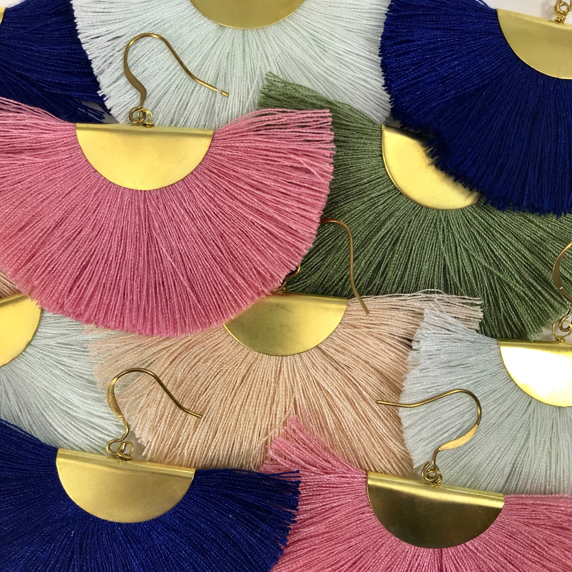 Half Moon Fan Tassel Earrings Boho Cotton Brass Lightweight Fringe Drop 3in