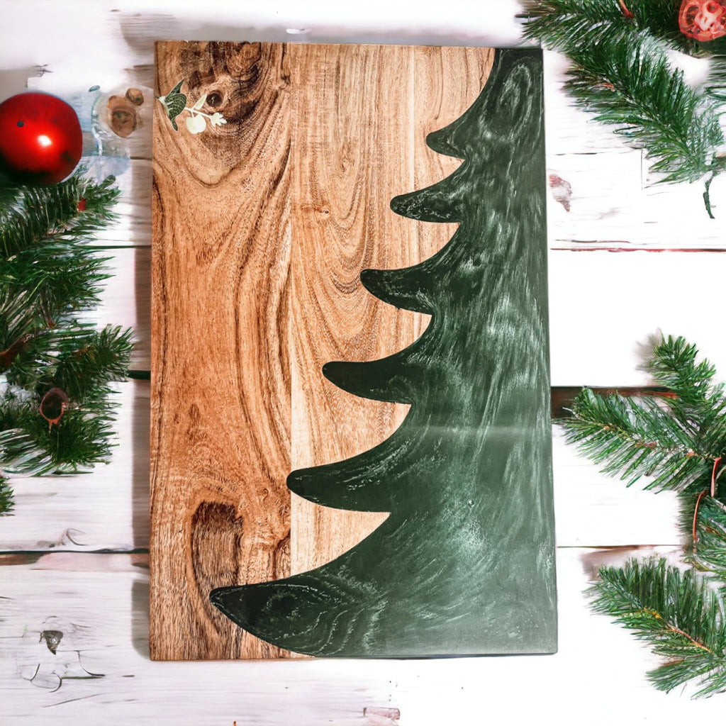 Christmas Charcuterie Serving Board Wood Resin Handcrafted Marbled Tree Inlay