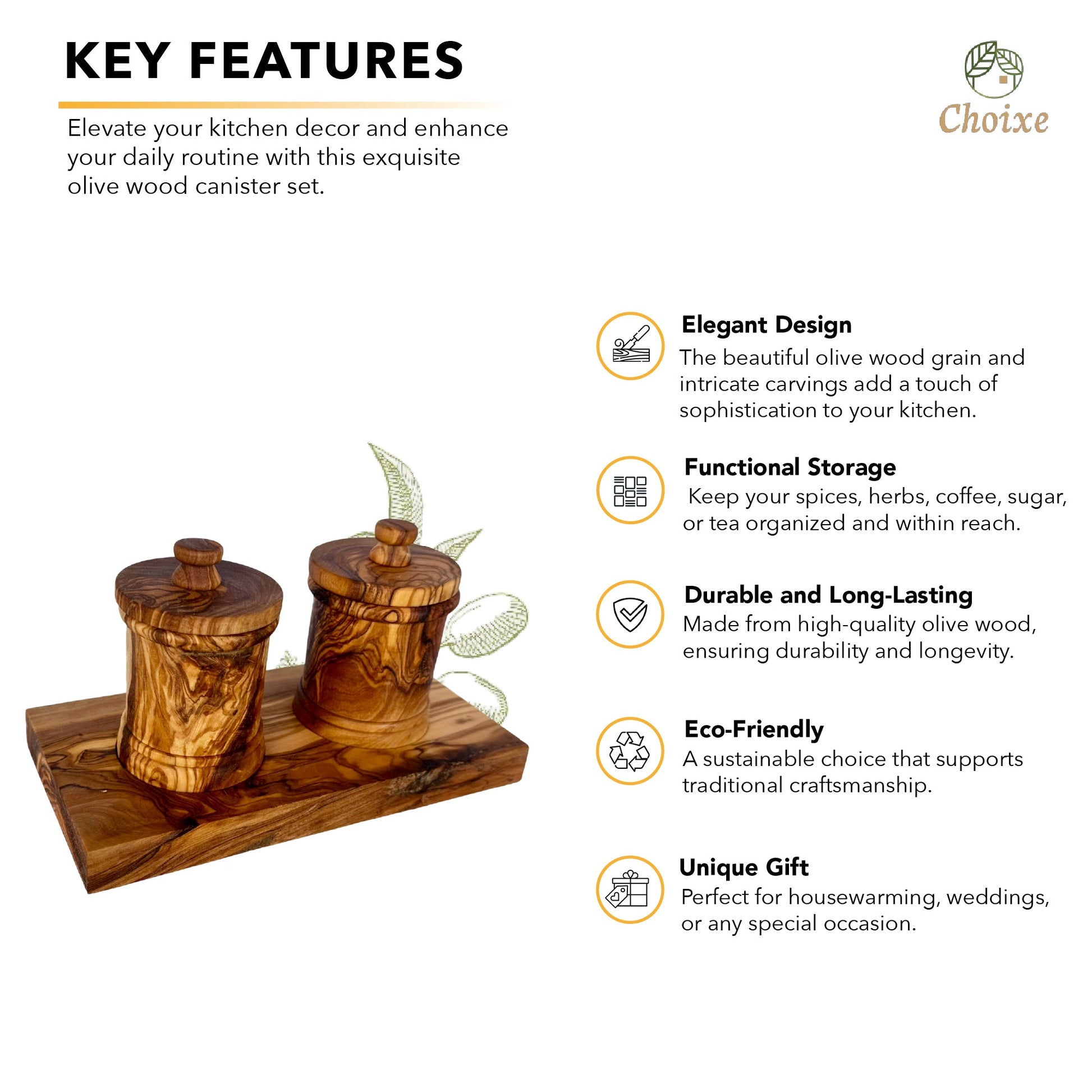 Olive Wood Canister Set - Handcrafted Kitchen Storage Jars With Carved Detail