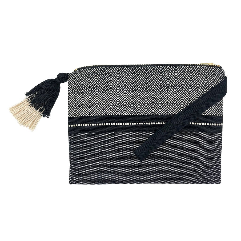 Handloom Stripe Cosmetic Bag Woven Pom Pom Tassel Lined Wristlet Makeup Clutch