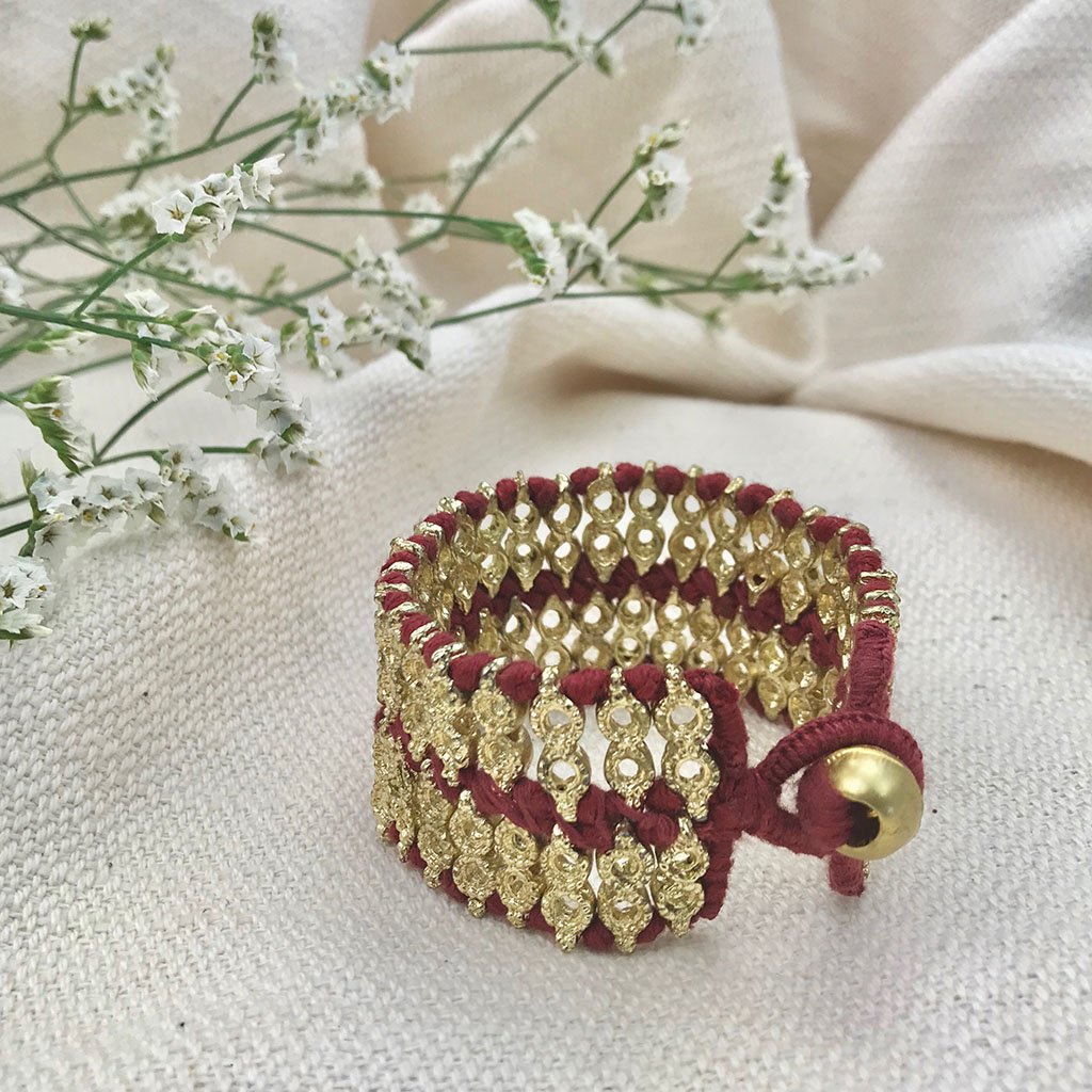 Handwoven Beaded Cotton Thread Cuff Bracelet Indian-Inspired Statement