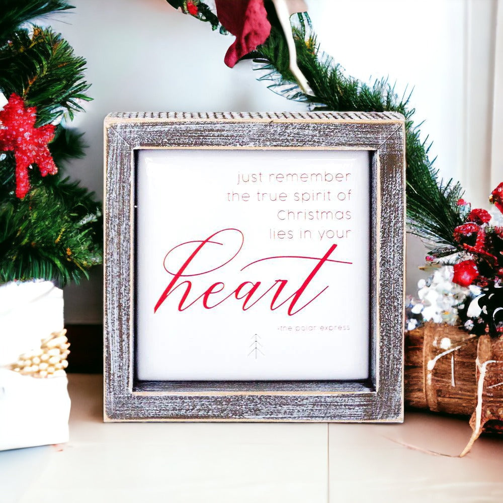 Christmas Heart 5 Inch Wood Framed Metal Embossed Sign Holiday Wall Decor Rustic Home