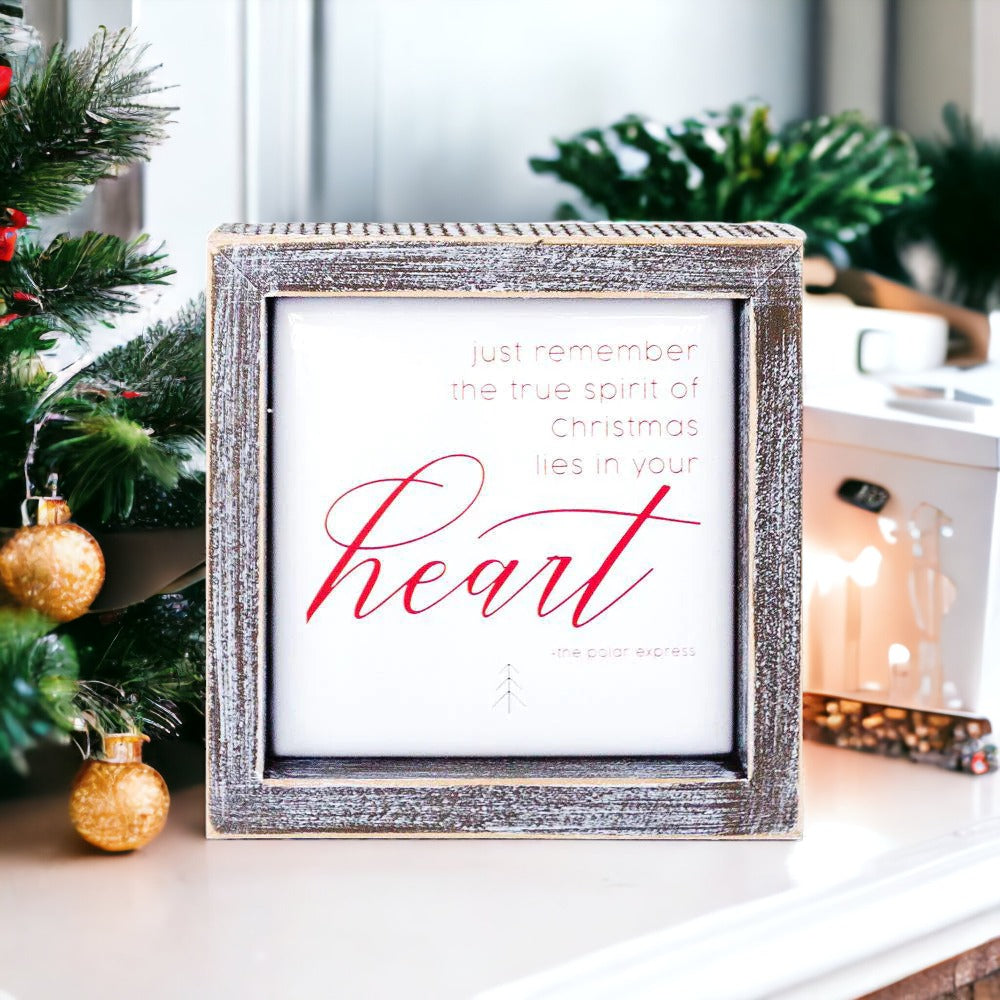 Christmas Heart 5 Inch Wood Framed Metal Embossed Sign Holiday Wall Decor Rustic Home
