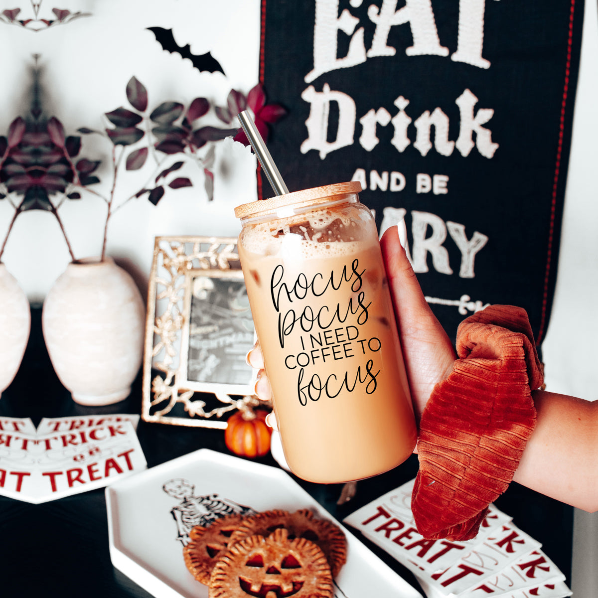 Hocus Pocus 17oz Glass Tumbler Bamboo Lid, Stainless Straws, Coffee Quote