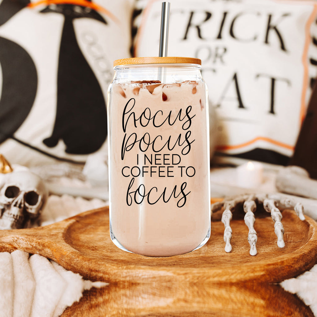 Hocus Pocus 17oz Glass Tumbler Bamboo Lid, Stainless Straws, Coffee Quote