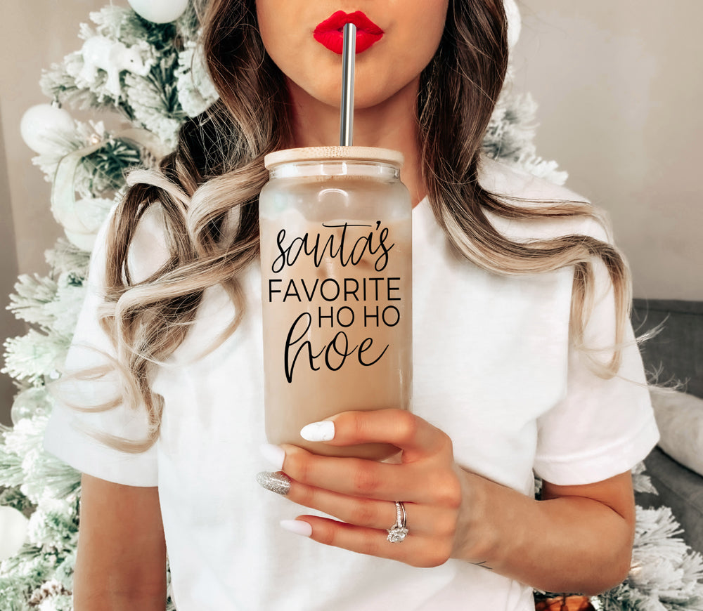 Holiday Santa Ho Ho Hoe 17oz Glass Tumbler With Bamboo Lid Stainless Straws And Straw Cleaner