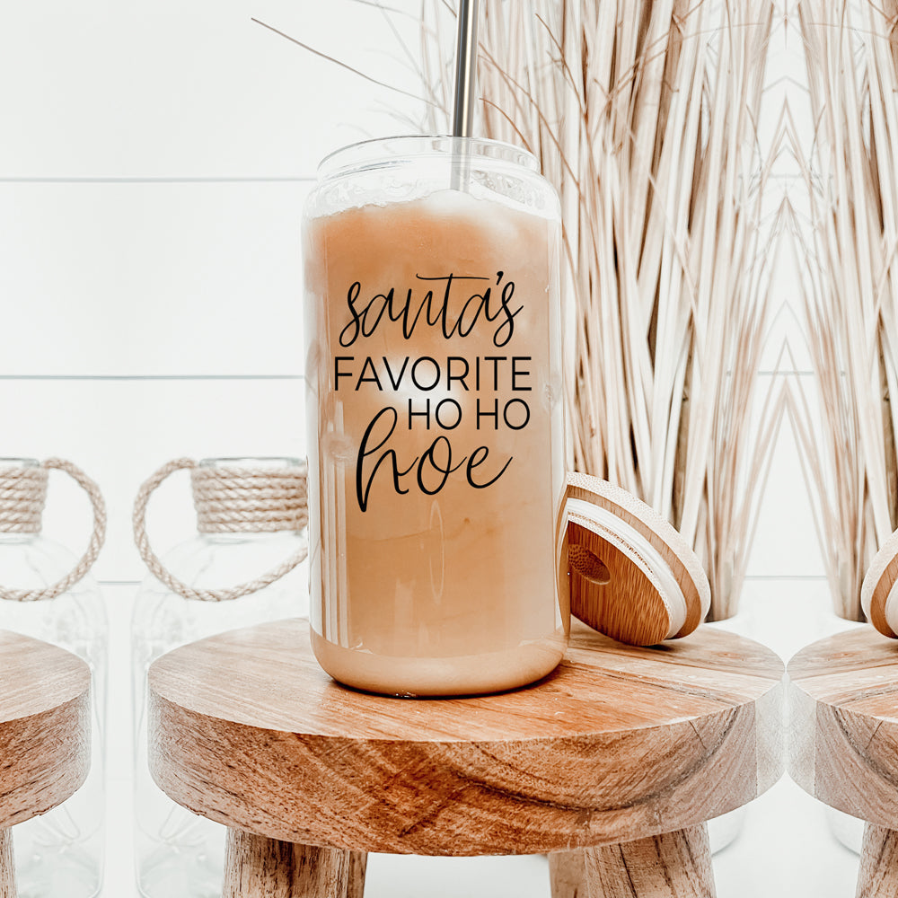 Holiday Santa Ho Ho Hoe 17oz Glass Tumbler With Bamboo Lid Stainless Straws And Straw Cleaner
