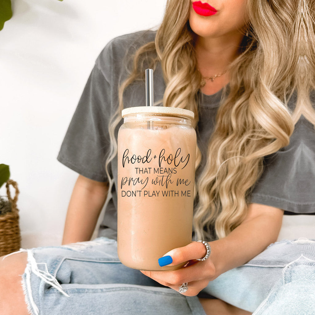 Hood And Holy 17oz Glass Tumbler With Bamboo Lid, 2 Stainless Straws And Straw Cleaner