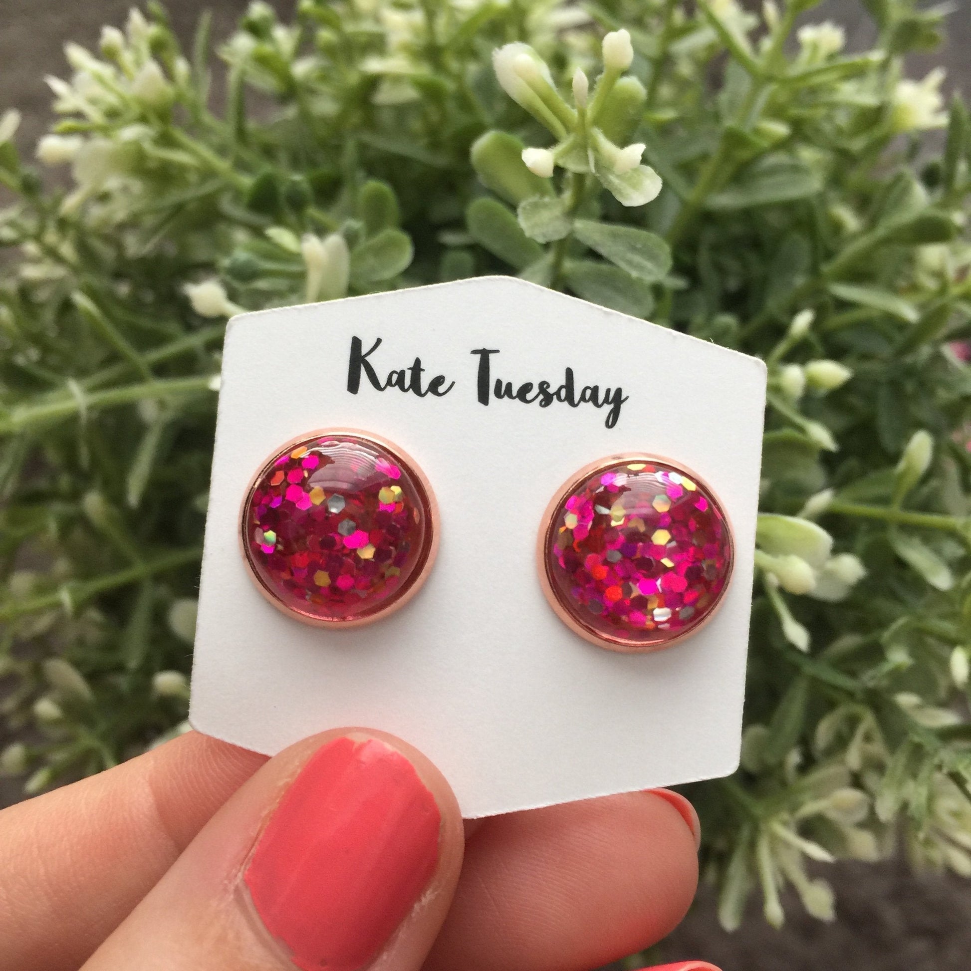 Hot Pink Glitter Stud Earrings For Women Hypoallergenic