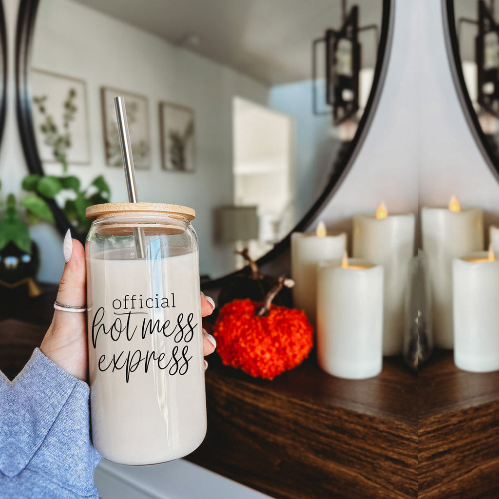 Hot Mess 17oz Glass Tumbler With Bamboo Lid, 2 Stainless Straws and Cleaner