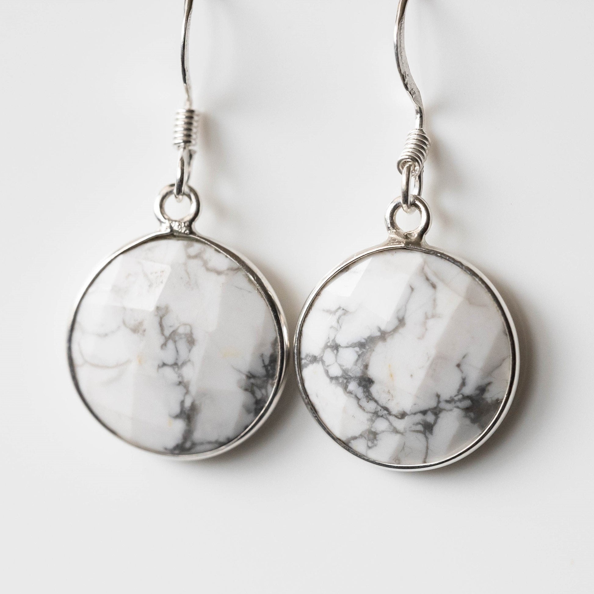 Howlite Round Drop Earrings Natural Stone Silver Dangle