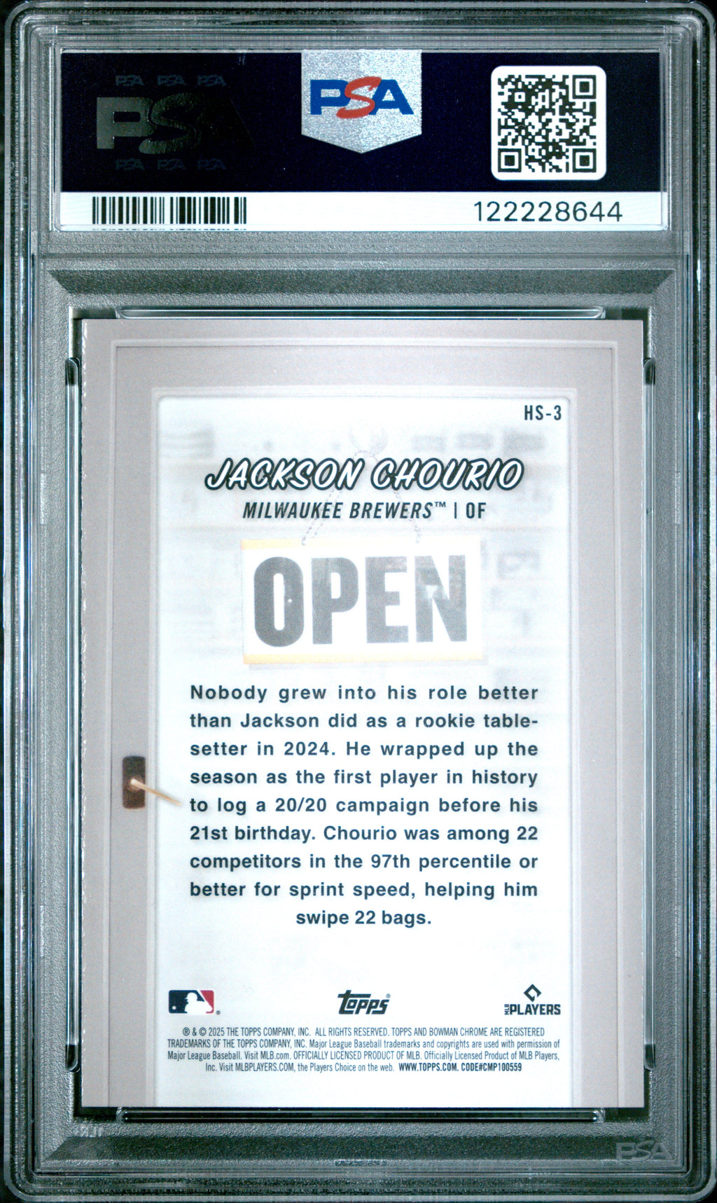 Graded 2025 Topps Bowman Jackson Chourio #HS3 Hobby Stars Baseball Card PSA 10 Gem Mint