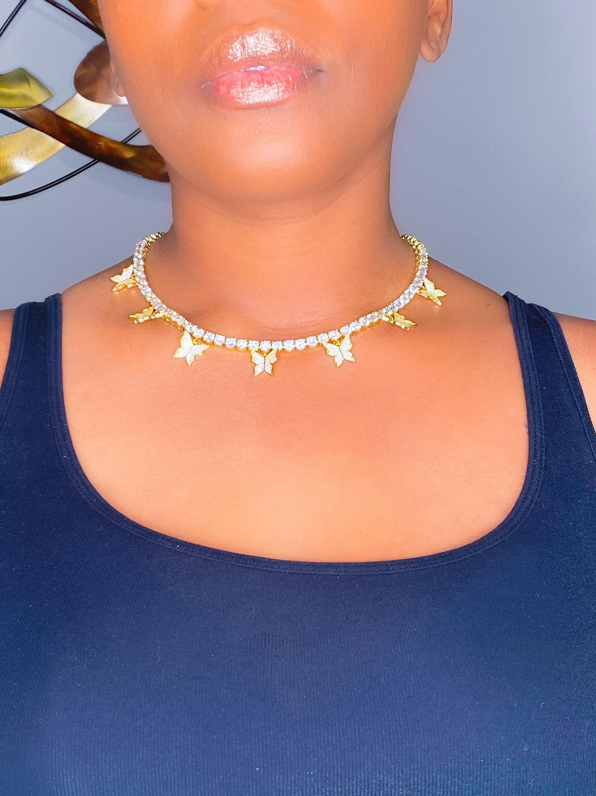 Iced Butterfly Choker Necklace Crystal Tennis Chain
