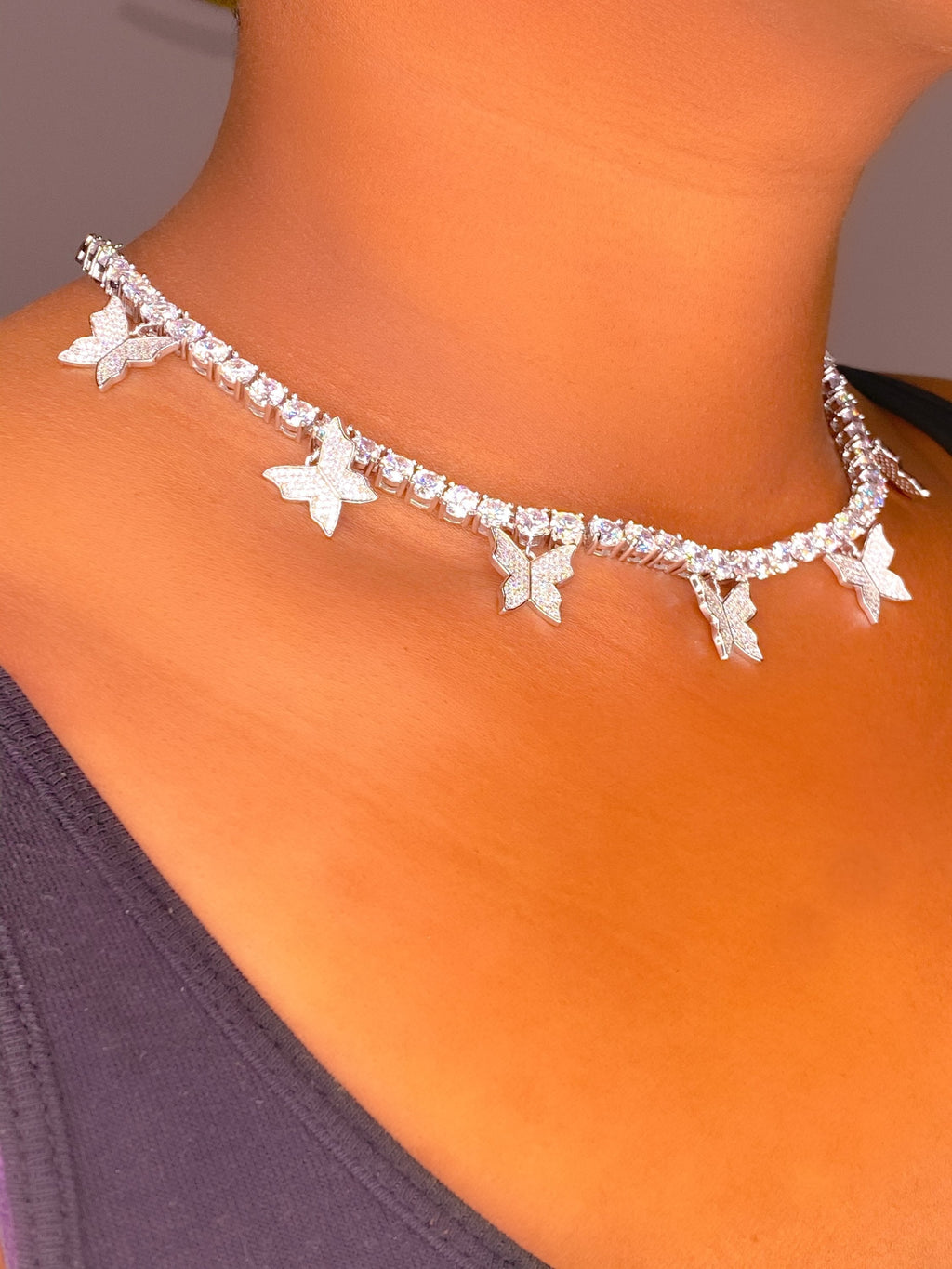 Iced Butterfly Choker Necklace Crystal Tennis Chain
