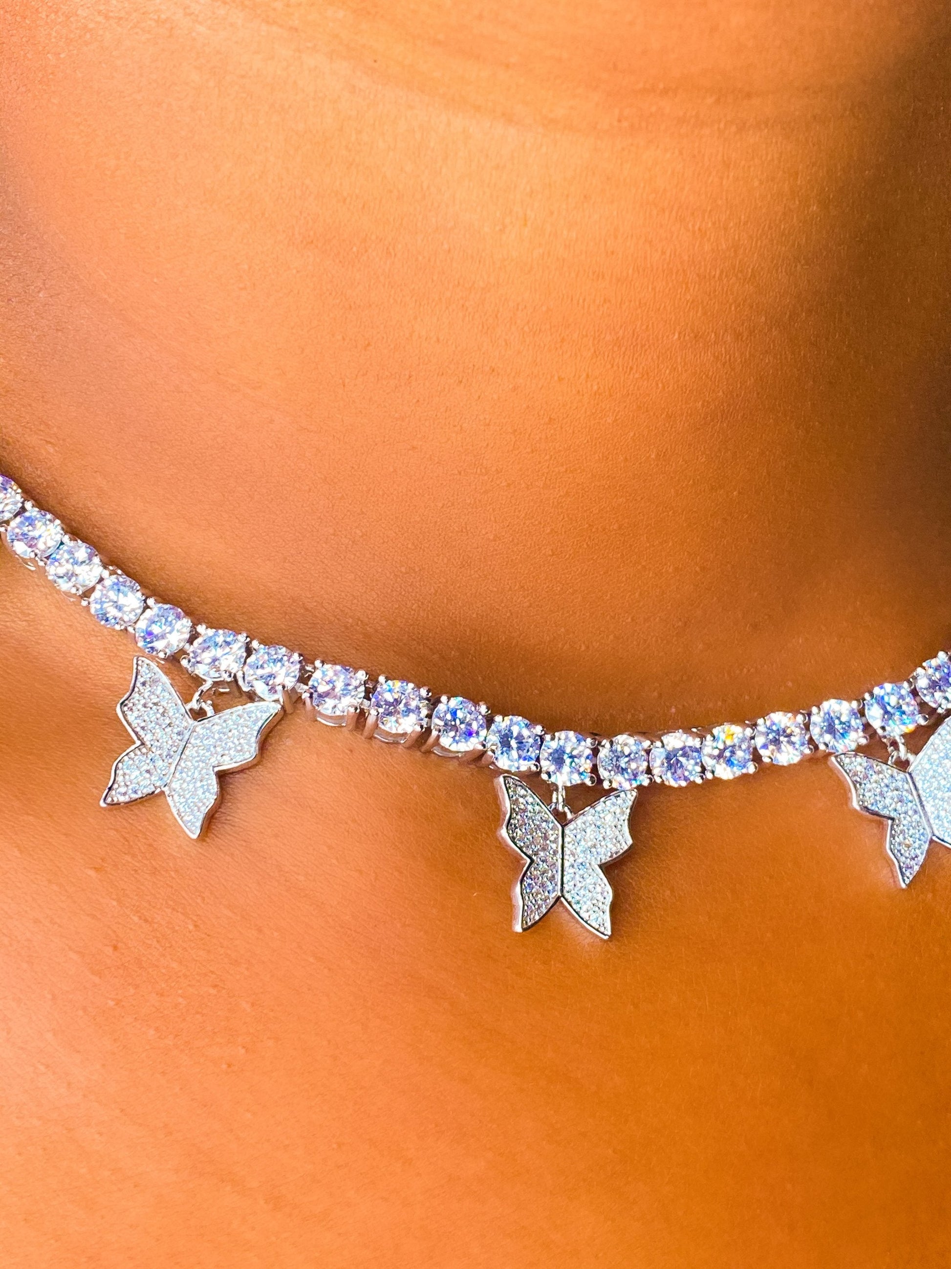 Iced Butterfly Choker Necklace Crystal Tennis Chain